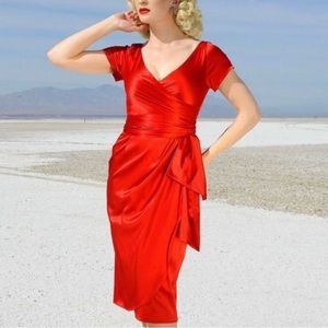 Ava Faux Wrap Wiggle Dress in Red Satin | Pinup Couture Size S